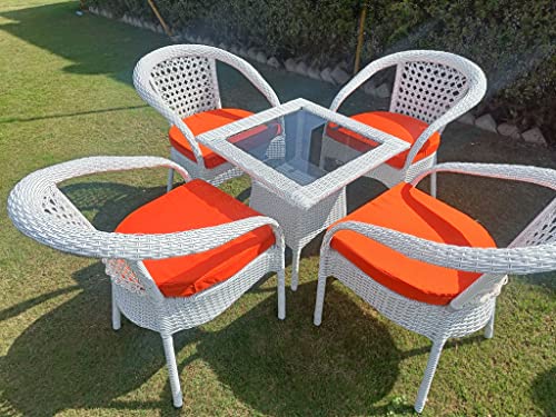 Image of Anaya Decor D-8 Chairs Table Set 4+1 Wicker Patio Furniture Sets 4 Chair and 1 Table with Cushions for Garden Balcony Bedroom Powder Coated Frame Uv Protected Wicker (Off White+Orange)