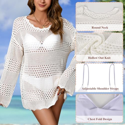 QZUnique Women Crochet Cover Up with Bikini Straw Hat Beach Cover Up Swimwear Bathing Suit Coverups Long Sleeve Tunic Tops3