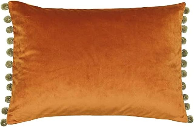 Riva Paoletti Fiesta Rectangular Cushion Cover - Rust Orange - Khaki Green Pompom Edges - Faux Velvet - Reversible - Zip Closure - 100% Polyester - 35 x 50cm ( 14" x 20" inches)