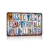Vintage Metal Tin Signs Wall Decor for Man Cave Garage Bar Home 12 x 8 Inches - Music Is My Escape From All Bullshit In Life