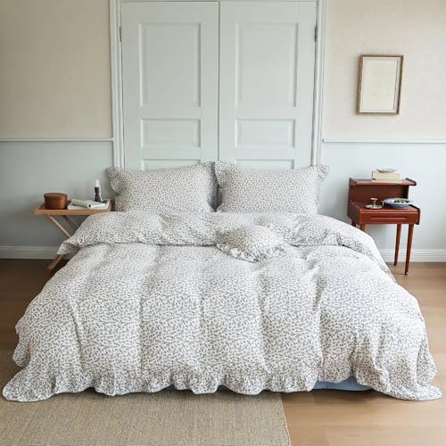 Image of BuLuTu Blue Floral Print Duvet Cover Full Bed Comforter Cover 79 inchx90 inch, Cotton Muslin Quilt Cover with Ruffles Chic Princess Bedding Duvet Cover with Zipper, No Pillow Cases /Filling