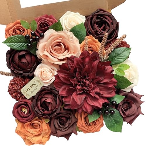 FACINOC Roses Artificial Flowers Burgundy Bouquet Fake Flower with Stems