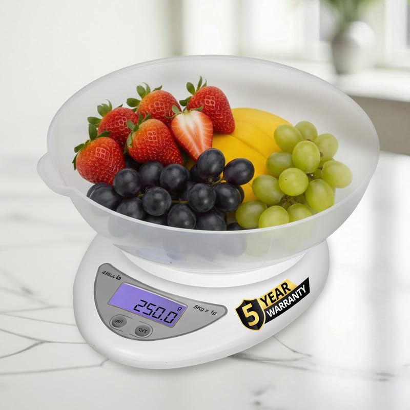 iBELL Digital Kitchen Weighing Scale with LCD Display, Tare Function, up to 5KG, Portable Food Weight Machine for Health, Fitness, Home Baking & Cooking - KS501M (White)-image-30