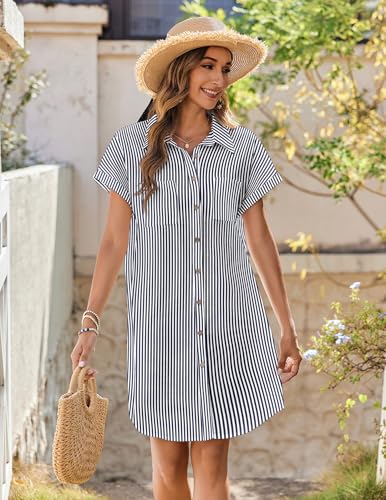 Image of Zeagoo Summer Dresses for Women 2025 Cotton Button Down Short Sleeve Tshirt Dresses Casual Mini Beach Dress