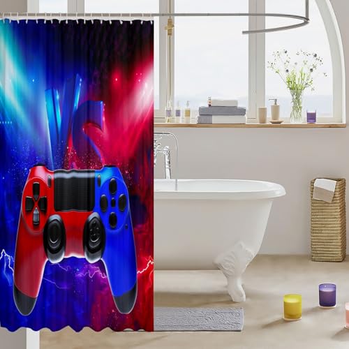 Image of Teens Gamer Bath Curtain for Boys Children Kids Gaming Cloth Fabric Bathroom Decor Lightning Decorative Young Men Video Game Shower Curtain Red Blue Gamepad Shower Curtains Set with Hooks 72x72 Inch