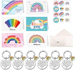 Yontree 6 Pack Thank You Cards, 6 Designs Rainbow Thank You Greeting Cards with Envelopes & Rainbow Keyring, Thank You Cards for Weddings Graduation Birthdays Baby Shower