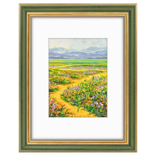Golden State Art,9x12 Ornate Picture Frame for 6x8 Photo with Mat or 9 x 12 Prints without Mat,Real Glass Wall Display(Color:Green Gold)