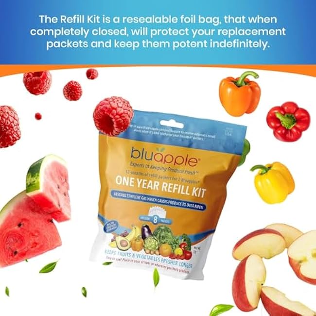 Bluapple Produce Saver Refill Kit - Keep Fruits & Vegetables Fresh Longer, Veggie & Fruit Saver, 8 Packets (9 grams each), Lasts up to 3 Months, Produce Storage, Ethylene Gas Absorber, Made in USA