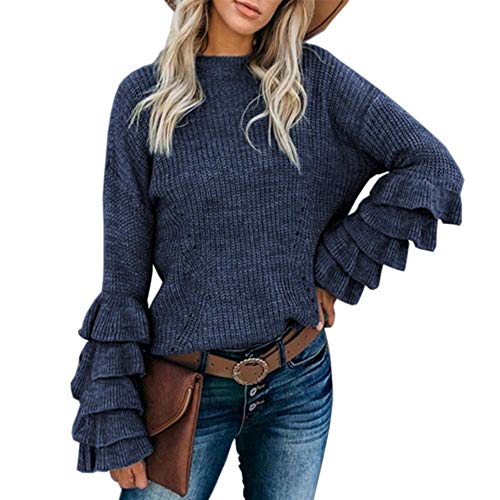 AOXQ Lâche Automne vêtements Dames élégant Pull tricoté Garder au Chaud Papillon Femmes Pull à Manches Longues Pull Mode Couleur Unie Top-Blue_XXXL Cover