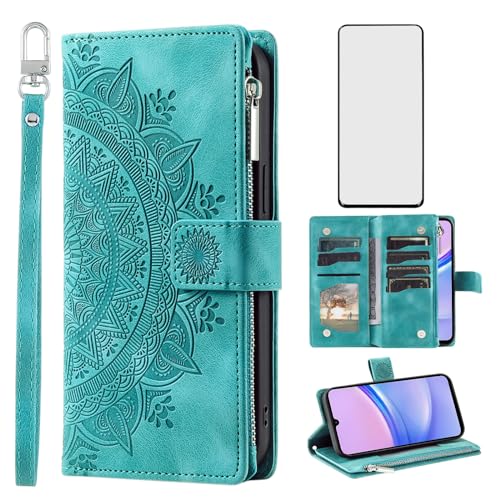 Étui portefeuille Samsung A15 5G avec verre trempé et motif mandala fleur