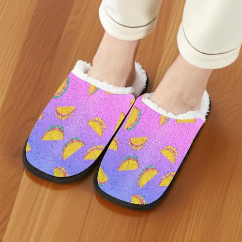 Fuzzy Travel Slippers for Women Men Indoor Outdoor Funny Taco Print Bedroom Fluffy Slipper Fleece-Lined Fall Winter Warm Cozy Soft Plush House Shoes Holiday Gifts3