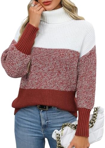 Womens Turtleneck Sweater Striped Color Block Sweaters Long Sleeve Casual Fall Knit Sweater Chunky Pullover Tops
