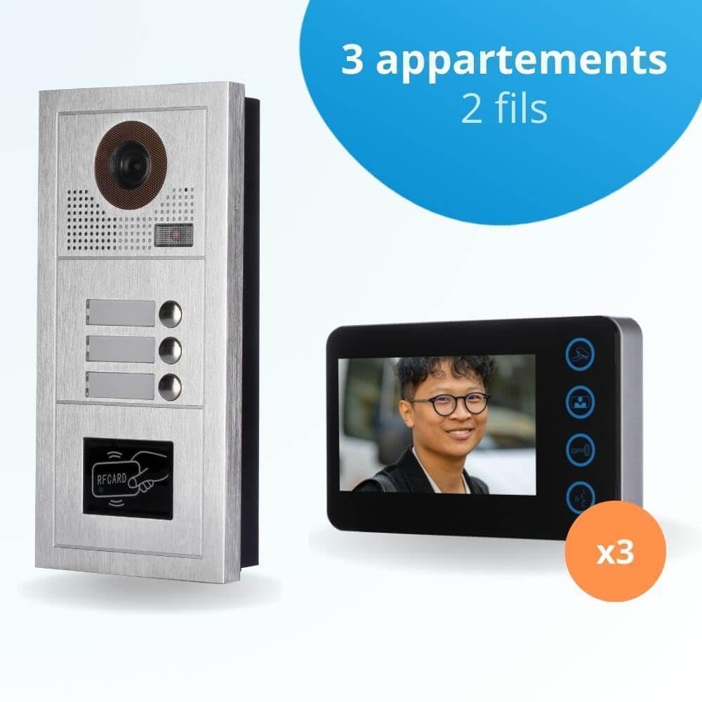 Portier interphone vidéo Modern 2 Fils - 3 Appartements - 3 écrans Noirs - avec Lecteur de Badge