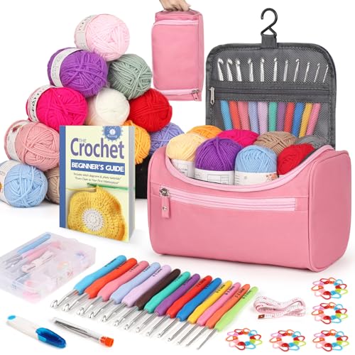 Reessy Crochet Kits for Beginners Adults Complete Crochet Kits for Beginners Kids with 15Pcs Crochet Yarn Ergonomic Crochet Hooks Crochet Bag Beginner Crochet Kit Crochet Starter Kit UK- Pink