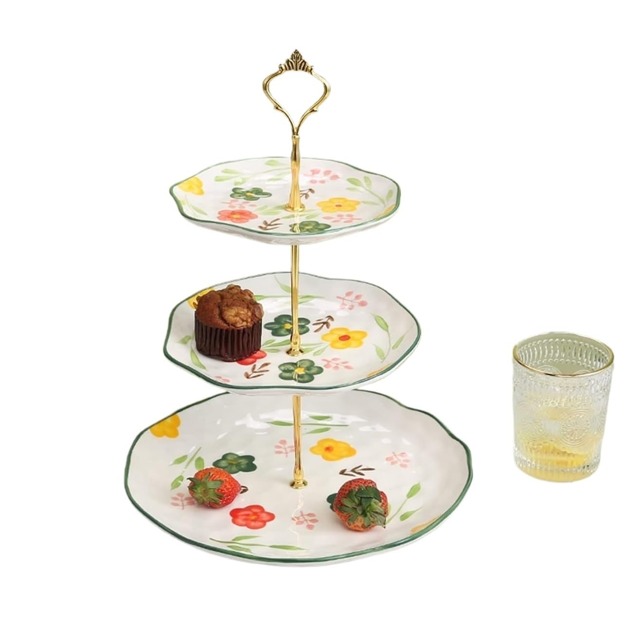 JFGCTYHXY Cake stands, 3-tier Ceramic Dessert Display Stand Multi-purpose CupMetal Handle Afternoon Tea Pastry Tray Cake