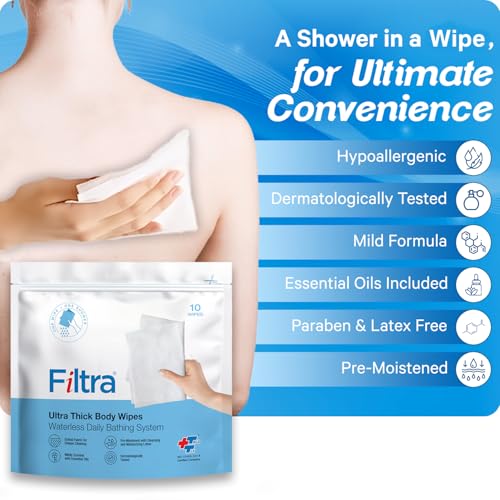 Image of Filtra Ultra Thick Body Wipes | Pre-Moistened & Extra Large for Body Sponging, Bed Bath & Post-Workout Freshness | Mildly Scented | Re-Sealable Zip Lock Pouch of 10 (Pack of 1)