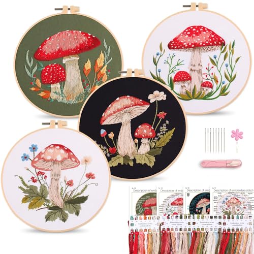 Image of Harimau Adult Beginner Embroidery Starter Kit, Complete Set with 4 Patterns, 2 Hoops, Needles, Scissors, Instruction Guide & Stitching Video Tutorials