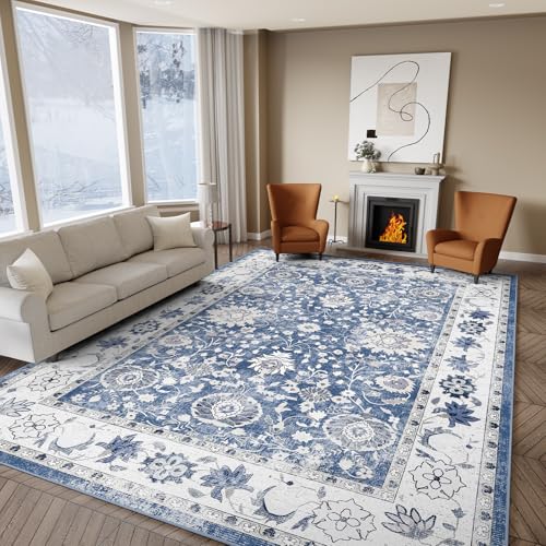 IKALIFE Alfombra Salon Lavable Vintage - Alfombras Grandes Antideslizante Alfombra de área Alfombra Pelo Corto Alfombra Sala para Pasillo Larga Habitacion Dormitorio Comedor 120x170 cm Azul