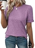 SHEWIN Women's 2025 Spring Summer Short Sleeve T Shirts Fashion Trendy Casual Round Neck Textured Tops Tunic Blouses,(US 16-18) XL,Phalaenopsis Purple