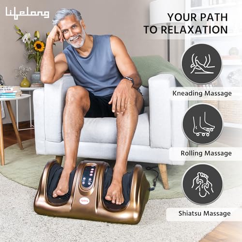 Image of Lifelong Foot Massager Machine for Pain Relief with Kneading function - Also used as Leg Calf Massager - Corded Electric Foot Massage Machine for Home with Customizable Settings (LLM72, Brown)
