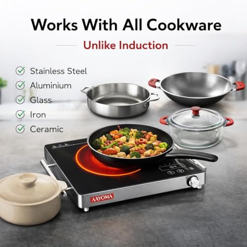 Image of 2000W Infrared Cooktop Stove with Overheat Protection, Crystal Glass Plate with Steel Handle Bars, Digital Display, Touch Control & Knob Control, Infrared Hot Plate | Classic Silver