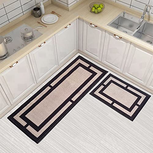 Image of Matz&More Anti Slip Kitchen Runner & Doormat Combo (50x120cm + 40x60cm), Nylon Tufted Floor Mat with Rubber Backing, Carpet for Kitchen, Hallway, Bedroom, Bathroom, Geometric Beige Black