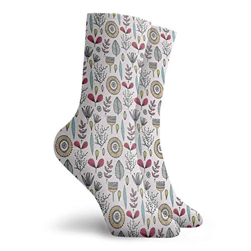 Fashion Compression Socks,Doodle Style Abstract Herbs And Leaves Petals Buds Girls Boho Artsy Hand Drawn,Performance Polyester Cushioned Athletic Crew Socks for Running,Athletic, -12 inch2