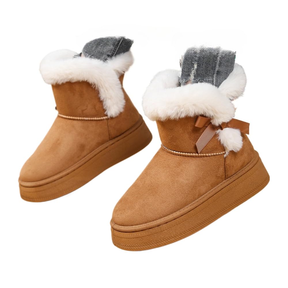 Faithgee Fashion Womens Fuzzy Cuff Platform Snow Boots Suede Bow Accent Cozy Fur Lining Trendy Winter Warmth for