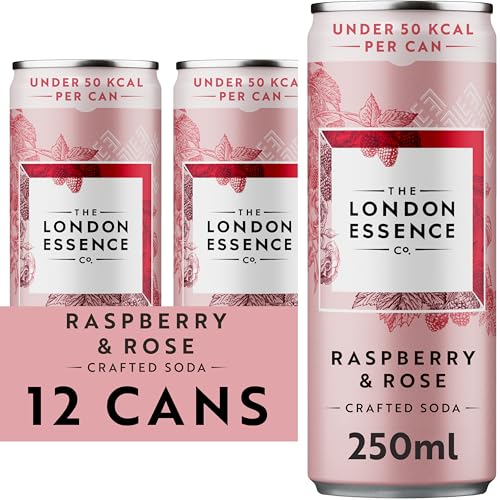 The London Essence Co. Raspberry & Rose Crafted Soda, Premium Soft Drink, 250ml, Pack of 12 cans, No Artificial Colours Preservatives or flavours, Low Calorie