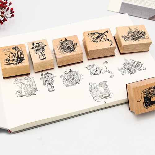 6PCS Wood Rubber Stamp Set, Multipurpose Vintage Rubber Seal, Art Stamps for Scrapbook, DIY Card Making, Bullet Journals and Arts & Craft