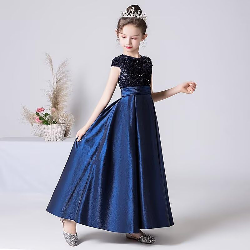 dideyttawl Girls Satin Sequins Party Dress Short Sleeves Long Formal Dress Big Bow Belt 503DX - Image 2