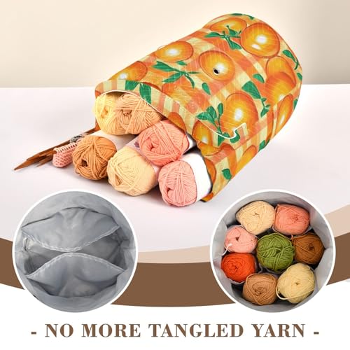 Image of Tatenale Crochet Bag Yarn Bag Knitting Project Bag with Pockets and Handle Portable Yarn Storage Organizer Tangle Free 8.3x11 InchCartoon Orange Plaid37