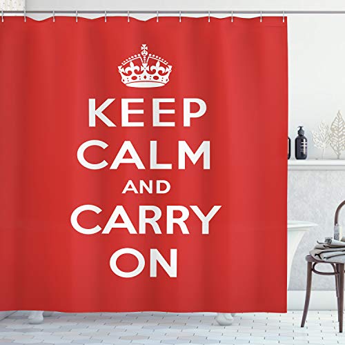 ABAKUHAUS Keep Calm Shower Curtain, Bicolour Composition Carry on Text Royal UK Crown Calligraphic Image, 78 Inches, Red White