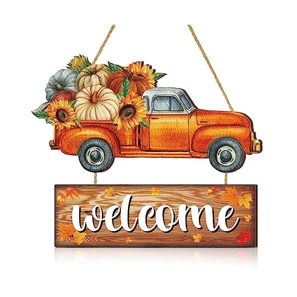 Fall Welcome Door Sign Farmhouse Autumn Hanging Wreath Decor Thanksgiving Wooden Sunflowers Pumpkins Trucks Front Door Decoration Outdoor for Porch Home Wall Decorations