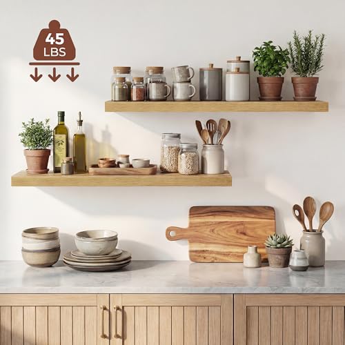 Image of Dreamland 36 Inches Floating Shelves for Wall, 9.3 inch Deep Long Floating Shelves Set of 2, Large Display & Storage Shelf, Wall Shelf for Bathroom Bedroom Living Room Kitchen Office, Oak