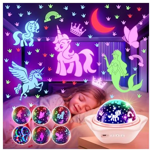 One Fire Unicorns Gifts for Girls Night Light Projector, 6 Films Unicorn Bedroom Decor for Girls, Rechargeable Unicorn Night Light for Girls Bedroom Decor,360° Rotating Mermaid Princess Butterfly Lamp