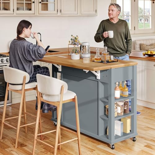 DWVO Rolling Kitchen Island with Drop Leaf, Mobile Storage Islands with Power Outlet Foldable Tabletop, 2 Drawers and Open Shelves, for Living Room, Dining Room, Blue Gray