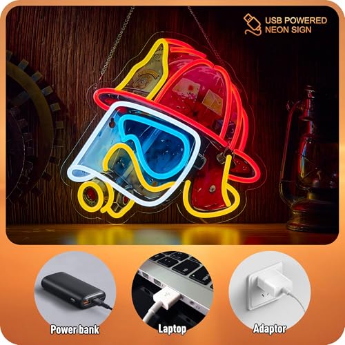Image of Firefighting Helmet Neon Sign, Fireman Fire Fighter Pop Art LED Light USB Powered Dimmable for Hero Wall Decor Man Cave Gift (13.5 X 12.5 In)