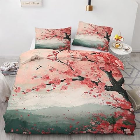 KLHYCS Ultra Soft and Non-Iron Brushed Microfiber Cherry Blossoms Full Size Duvet Cover Sets - Pink Nature Bedding Set with Quilt Cover & 2 Pillowcases, Zipper Closure Cover