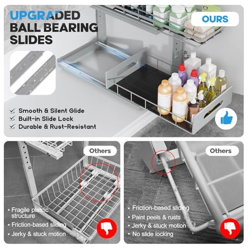 Image of Under Sink Organizer Upgrade To Professional Rails,2-Tier Dual Pull Out Cabinet Storage,Height Adjustable Slide Out Drawers For Bathroom Kitchen,2 Pack-16.7 inchDx12.8 inch-16.9 inchH,Gun Gray