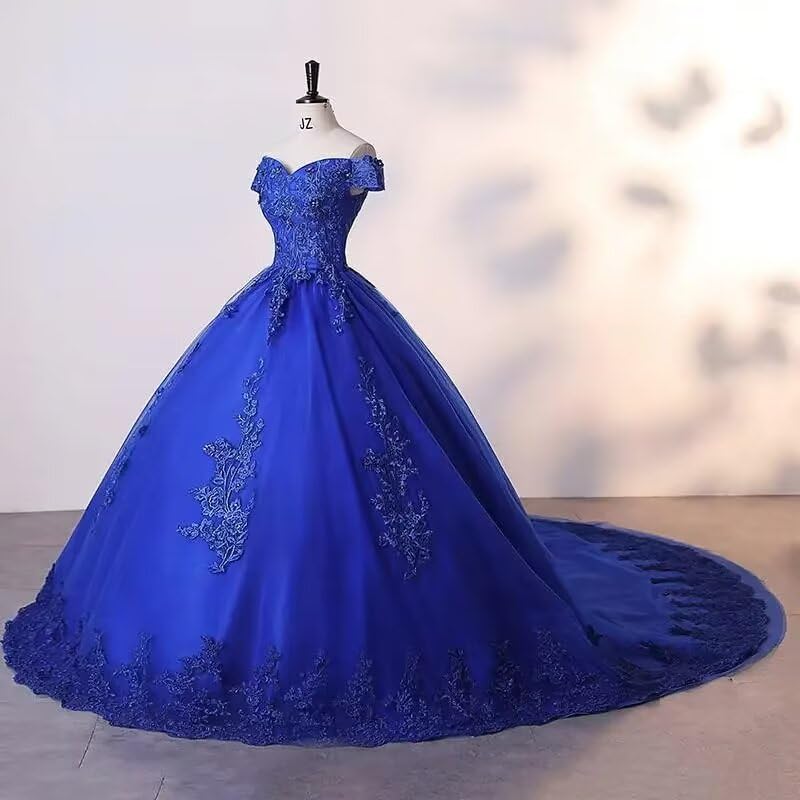 Off Shoulder Quinceanera Dresses with Train Lace Applique Ball Gown Sweet Party Prom Dress3