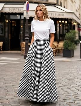 Mansy Women's Plaid Maxi Skirt- High Waist A Line Gingham Skirt