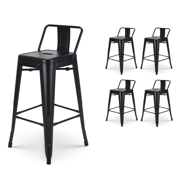 Kosmi - Lot de 4 tabourets de Bar en métal Noir Mat avec Petit Dossier, chaises de Bar Tabourets métal Hauteur 66 cm Parfait pour Table de 90 cm, îlot Central ou Plan...
