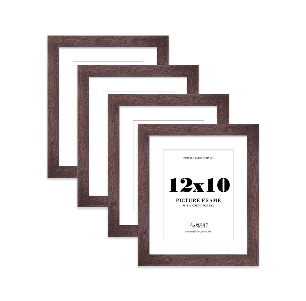 12x10" Walnut Frame With Mount for 9x7" Pictures 28mm Edge Portrait and Landscape Display with Wall Hooks and Kickstand, 4 Pack