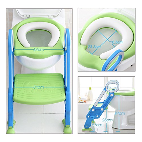 Mangohood Potty Training Toilet Seat with Step Stool Ladder for Boys and Girls Baby Toddler Kid Children Toilet Training Seat Chair with Handles Padded Seat Non-Slip Wide Step (Blue Green)