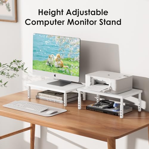 Image of ECOLOVI Adjustable Wood Computer Monitor Stand Riser, Office Desk Organizer and Accessories for Monitor, Laptop, PC, Printer, Office Desk Accessories Workspace Organizer for Home Office Supplies, White
