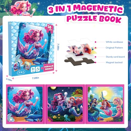 Image of Homicozy Magnetic Puzzles for Toddler Kids 3-8, Mermaid Princess Travel Toy | 36-Pieces Magnetic Puzzles for Girls Ages 3-5 4-6, Car Airplane Road Trip Activities, Quiet Screen-Free Game, Birthday Gifts