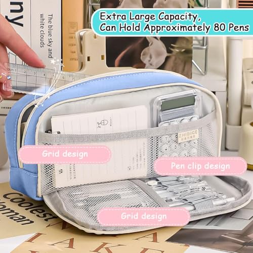 Image of Canvas School Bag Pencil Case, 3 Layer 6 Compartment Large Capacity, Aesthetic Pencil Pouch for Stationary, Cute Stationery for Kids, Pencil Case for Girls & Boys (Our Timer Blue)