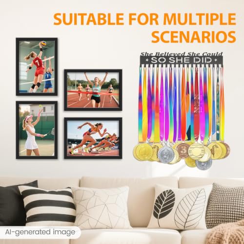 Image of Medal Holder Display Trophy Shelf Organizer, Sturdy Wooden Race Award Hanger Rack with 25 Steel Hooks, Wall Mount Storage Stand for Sports Fans, Cheer Success
