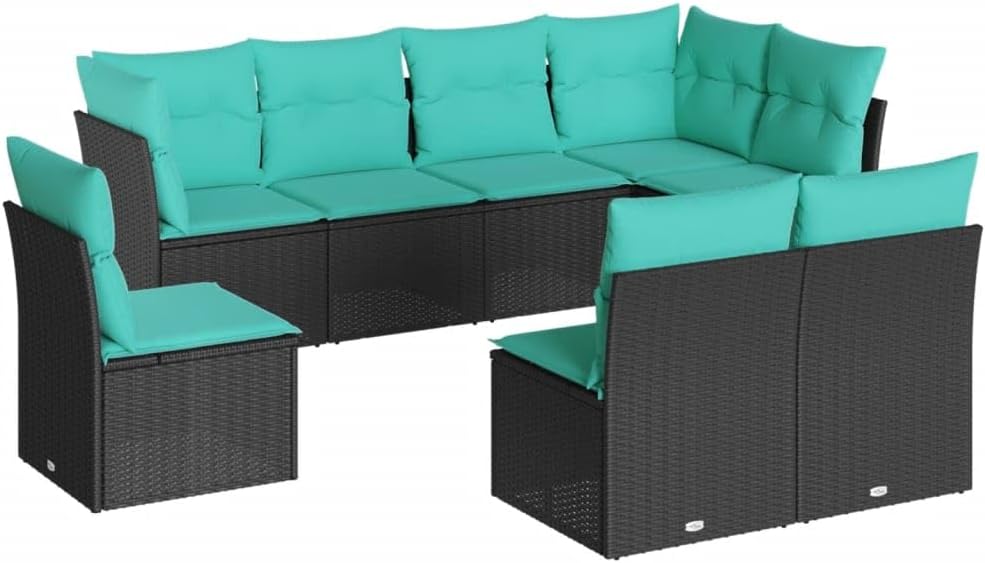 vidaXL Patio Sofa Set 8 Piece - Black Poly Rattan Outdoor Furniture - Cushioned, Modular, Weather- - for Backyard, Terrace, Patio - Includes 5 Center and 3 Corner Seats - Blue Cushions